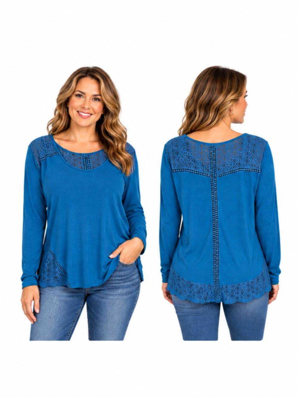 True Self Teal Long Sleeve Knit Top Crochet Lace Back and Side-Hem